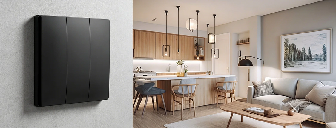 Black wireless switch alongside a contemporary kitchen and living room